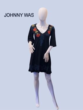 Johnny Was JWLA Navy Blue Embroidered Roses Knit Tunic Dress NWT Size M